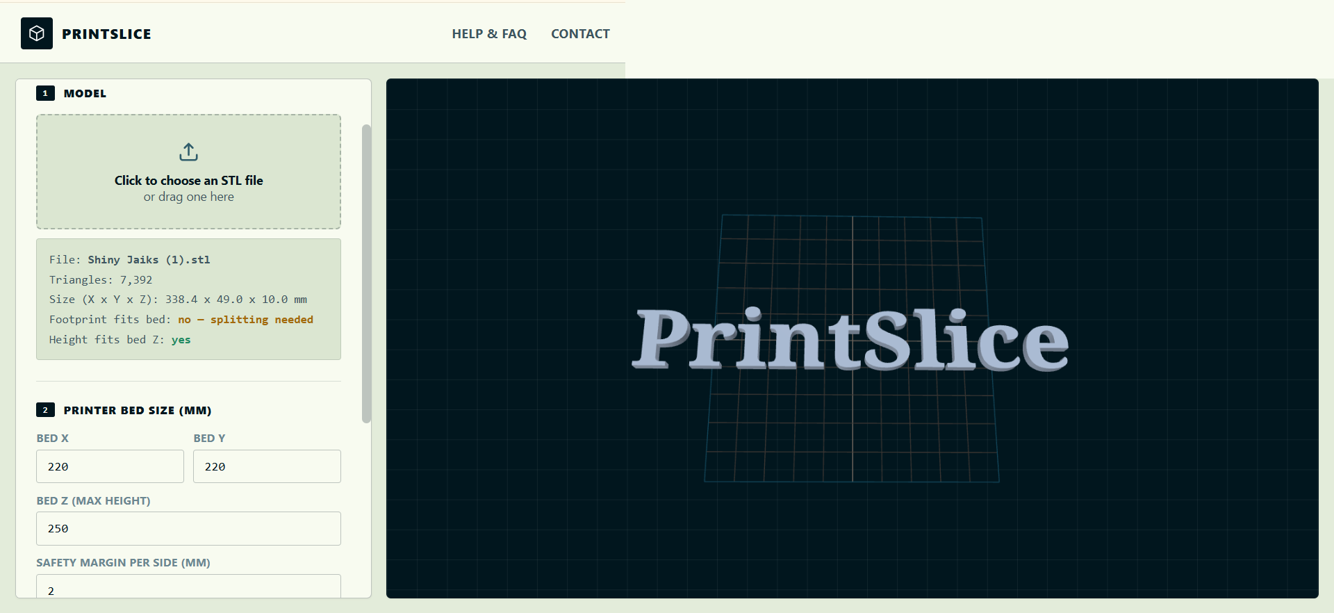 PrintSlice viewport showing a loaded model split into pieces